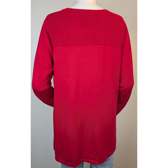 Chico’s Tunic Sweater Large Red Ribbed Yoke Zip Sleeve Split Hem Holiday Chic - Picture 7 of 11